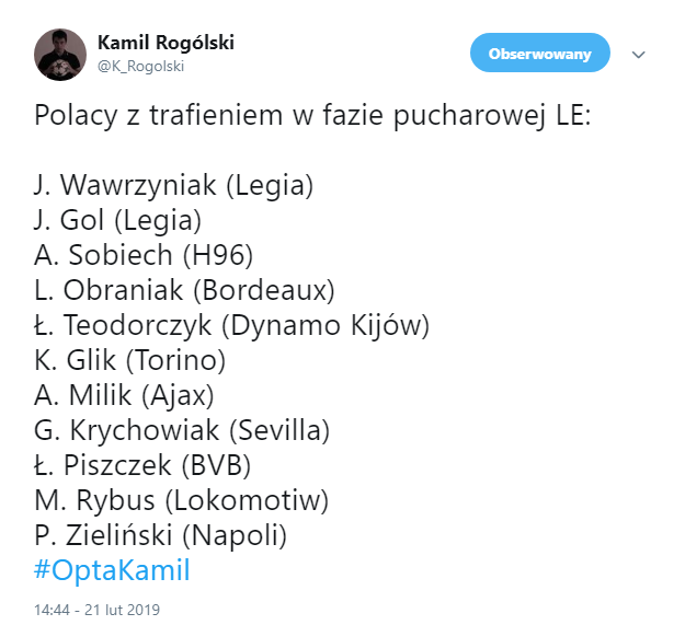 Polscy piłkarze z trafieniem w fazie pucharowej LE